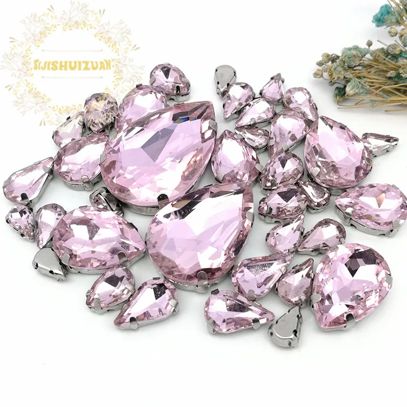 30Pcs7 Mixed Size Gray Water Drop Glass Crystal Seam Rhinestone With Silver Claw DIY Wedding Dress / Garment Accessories