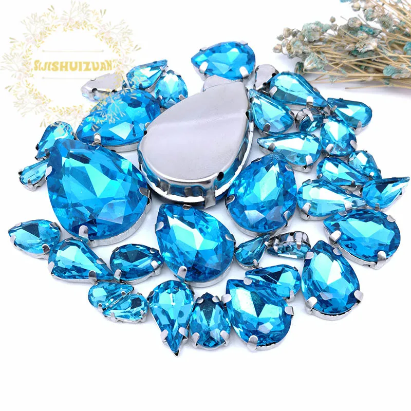 30Pcs7 Mixed Size Gray Water Drop Glass Crystal Seam Rhinestone With Silver Claw DIY Wedding Dress / Garment Accessories