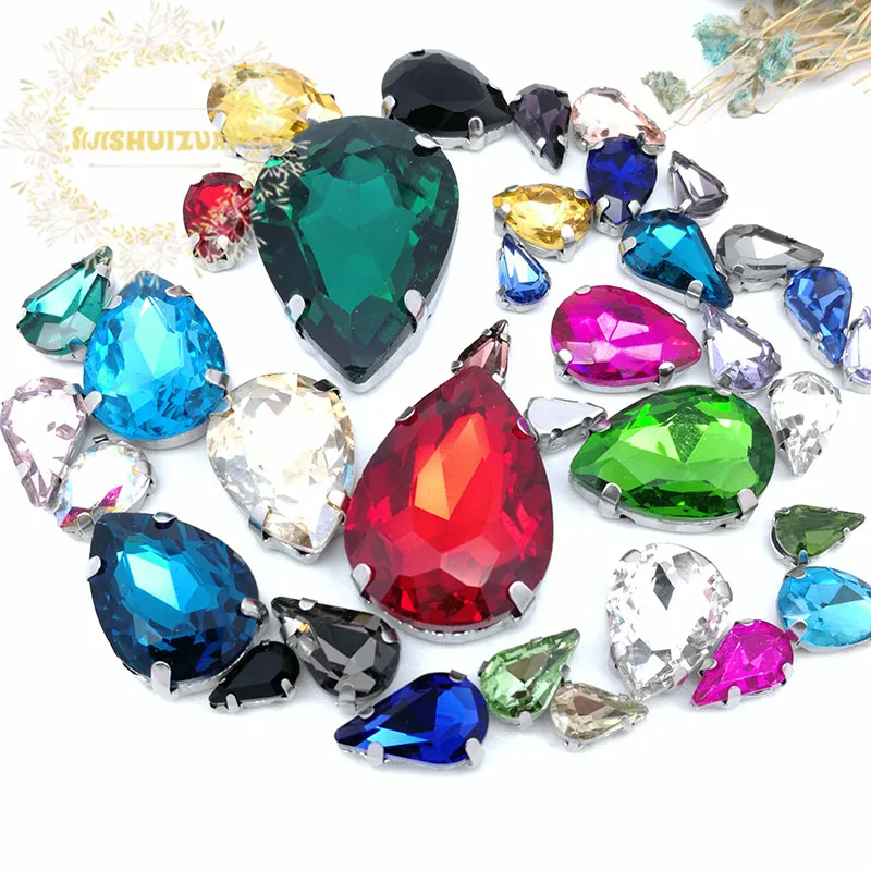30Pcs7 Mixed Size Gray Water Drop Glass Crystal Seam Rhinestone With Silver Claw DIY Wedding Dress / Garment Accessories