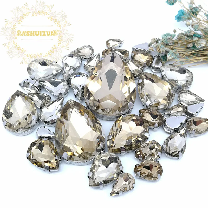 30Pcs7 Mixed Size Gray Water Drop Glass Crystal Seam Rhinestone With Silver Claw DIY Wedding Dress / Garment Accessories