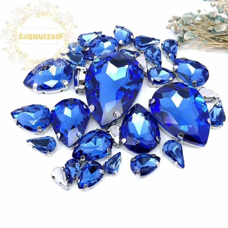 30Pcs7 Mixed Size Gray Water Drop Glass Crystal Seam Rhinestone With Silver Claw DIY Wedding Dress / Garment Accessories