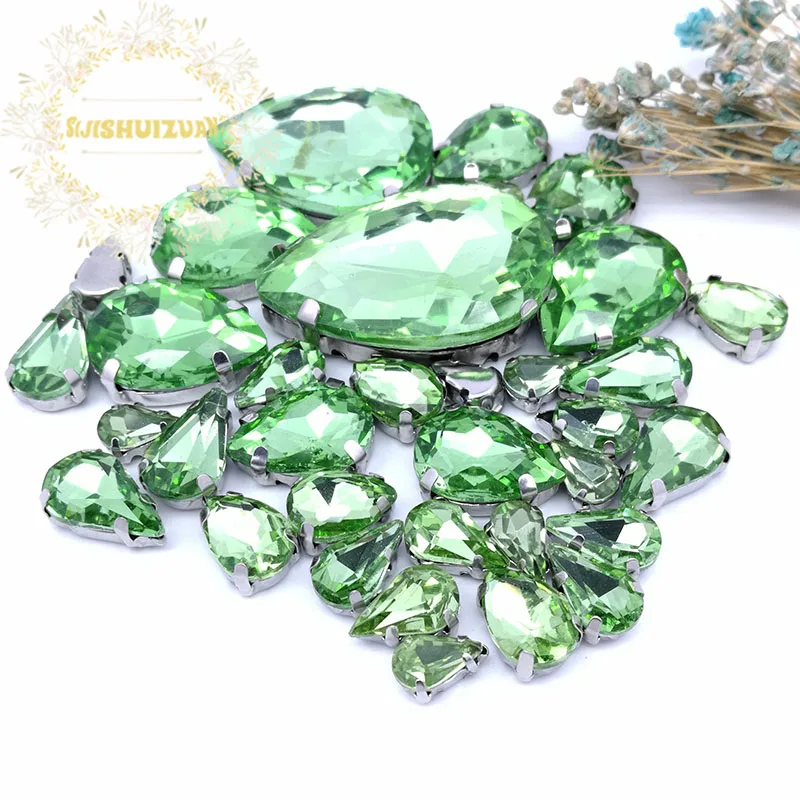 30Pcs7 Mixed Size Gray Water Drop Glass Crystal Seam Rhinestone With Silver Claw DIY Wedding Dress / Garment Accessories
