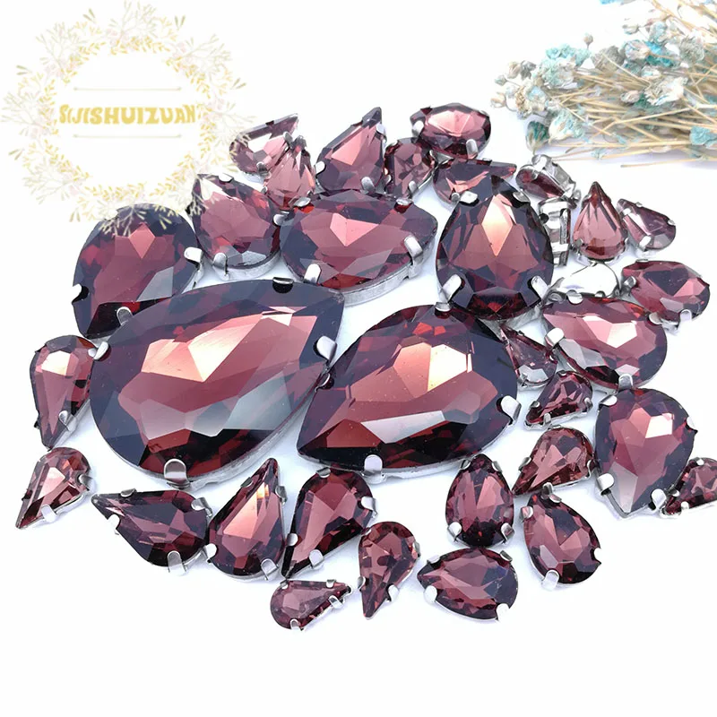 30Pcs7 Mixed Size Gray Water Drop Glass Crystal Seam Rhinestone With Silver Claw DIY Wedding Dress / Garment Accessories