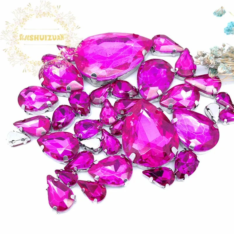 30Pcs7 Mixed Size Gray Water Drop Glass Crystal Seam Rhinestone With Silver Claw DIY Wedding Dress / Garment Accessories