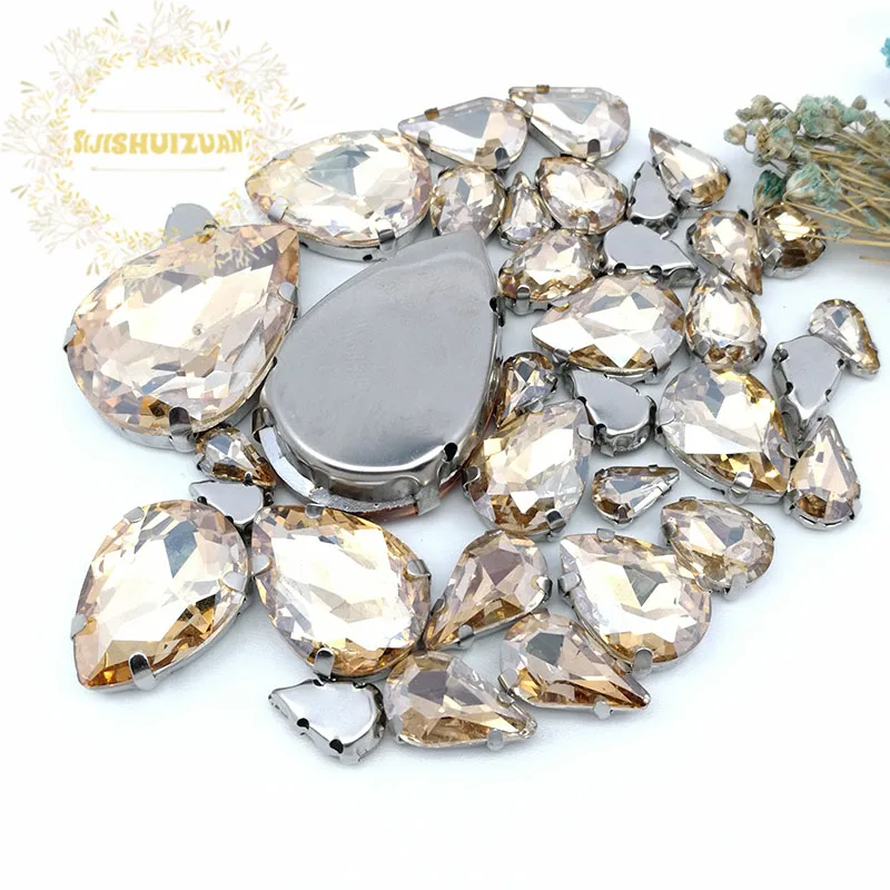 30Pcs7 Mixed Size Gray Water Drop Glass Crystal Seam Rhinestone With Silver Claw DIY Wedding Dress / Garment Accessories