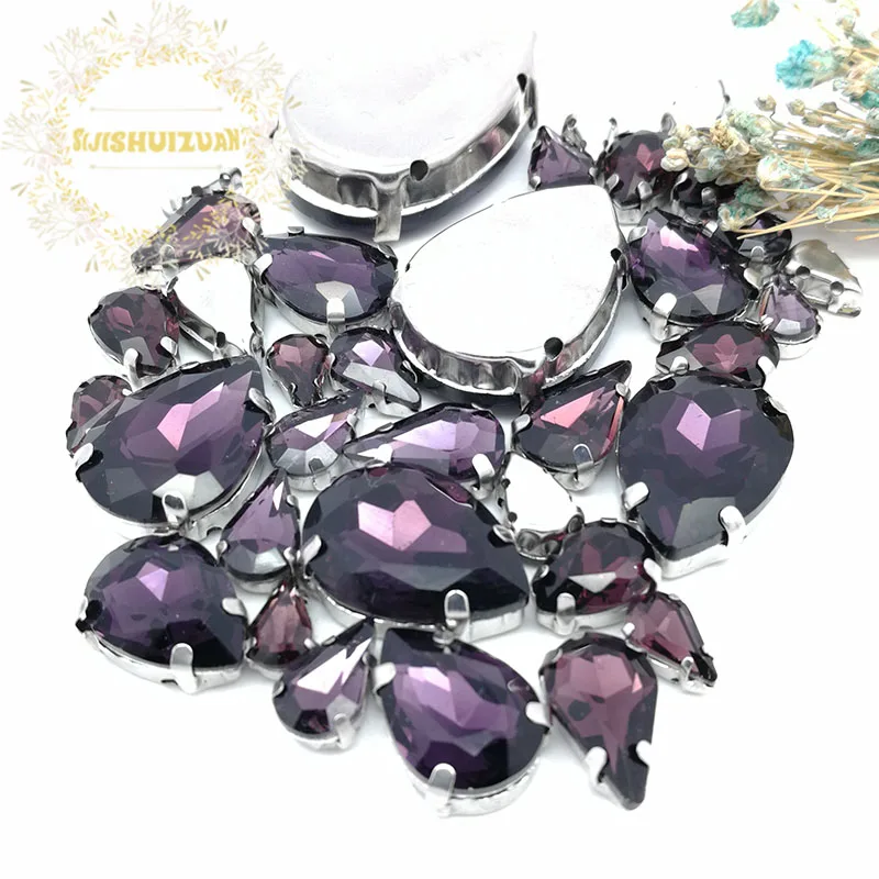 30Pcs7 Mixed Size Gray Water Drop Glass Crystal Seam Rhinestone With Silver Claw DIY Wedding Dress / Garment Accessories