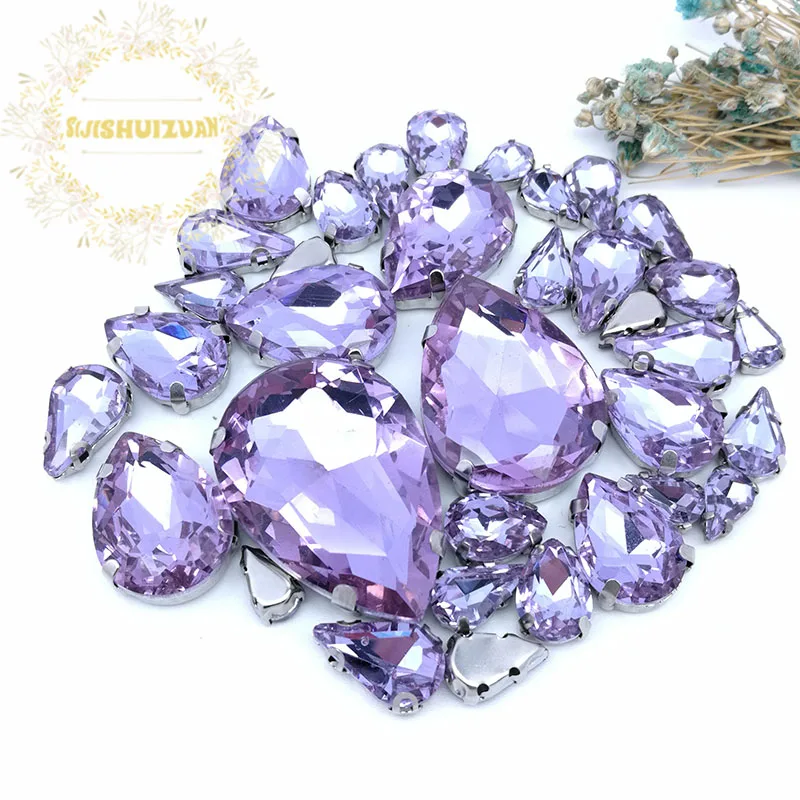 30Pcs7 Mixed Size Gray Water Drop Glass Crystal Seam Rhinestone With Silver Claw DIY Wedding Dress / Garment Accessories