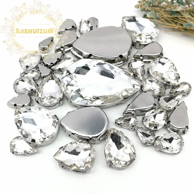 30Pcs7 Mixed Size Gray Water Drop Glass Crystal Seam Rhinestone With Silver Claw DIY Wedding Dress / Garment Accessories