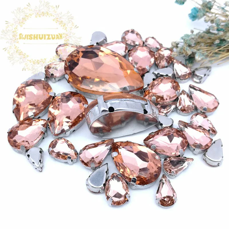 30Pcs7 Mixed Size Gray Water Drop Glass Crystal Seam Rhinestone With Silver Claw DIY Wedding Dress / Garment Accessories