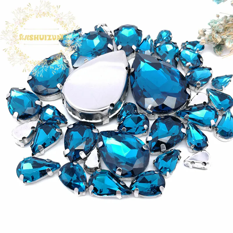 30Pcs7 Mixed Size Gray Water Drop Glass Crystal Seam Rhinestone With Silver Claw DIY Wedding Dress / Garment Accessories