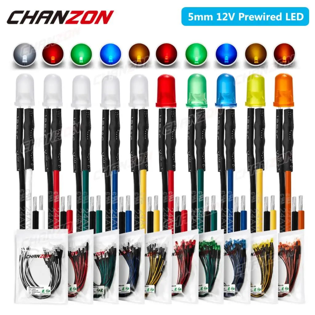 12V 5mm LED Diode Kit White Red Green Blue Yellow Orange Prewired 5 9 12 V Diffused Light Emitting Indicator Assortment Assorted