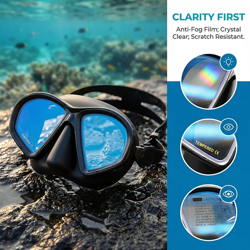 Wet Low Volume Diving Mask Tempered Glass Freedive Mask J-type Diving Mask Snorkel Set with Camera Mount Black