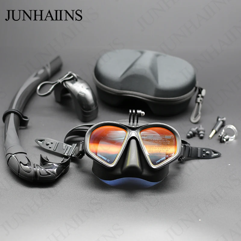 Wet Low Volume Diving Mask Tempered Glass Freedive Mask J-type Diving Mask Snorkel Set with Camera Mount Black
