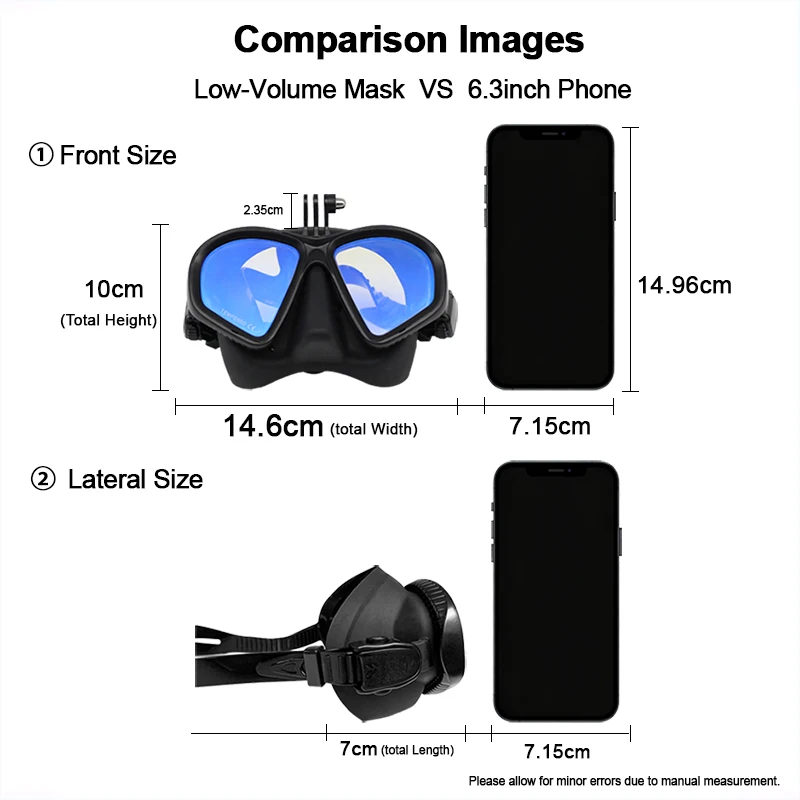 Wet Low Volume Diving Mask Tempered Glass Freedive Mask J-type Diving Mask Snorkel Set with Camera Mount Black