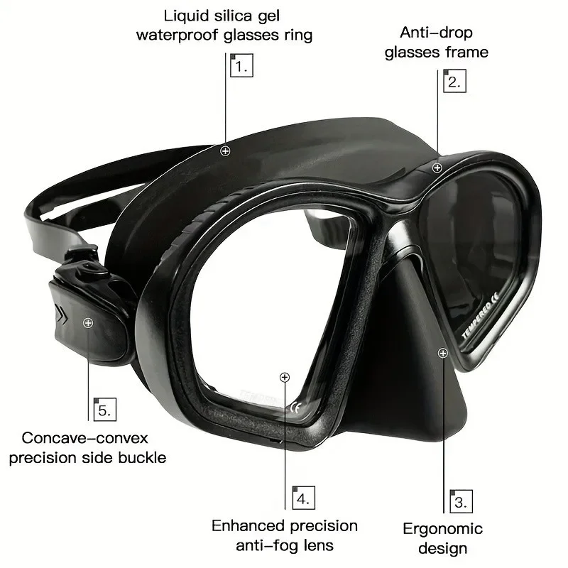 Wet Low Volume Diving Mask Tempered Glass Freedive Mask J-type Diving Mask Snorkel Set with Camera Mount Black