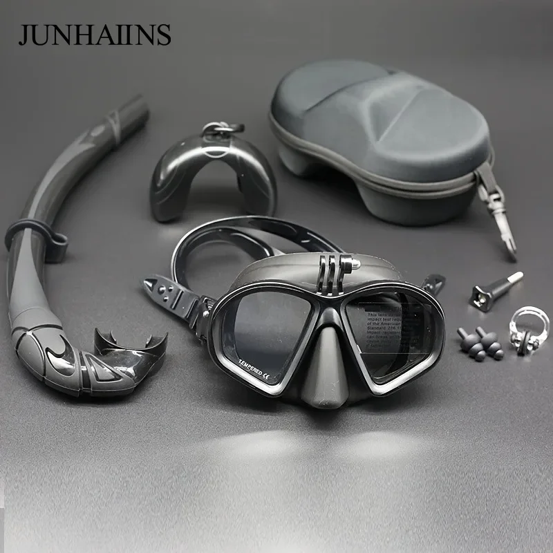 Wet Low Volume Diving Mask Tempered Glass Freedive Mask J-type Diving Mask Snorkel Set with Camera Mount Black