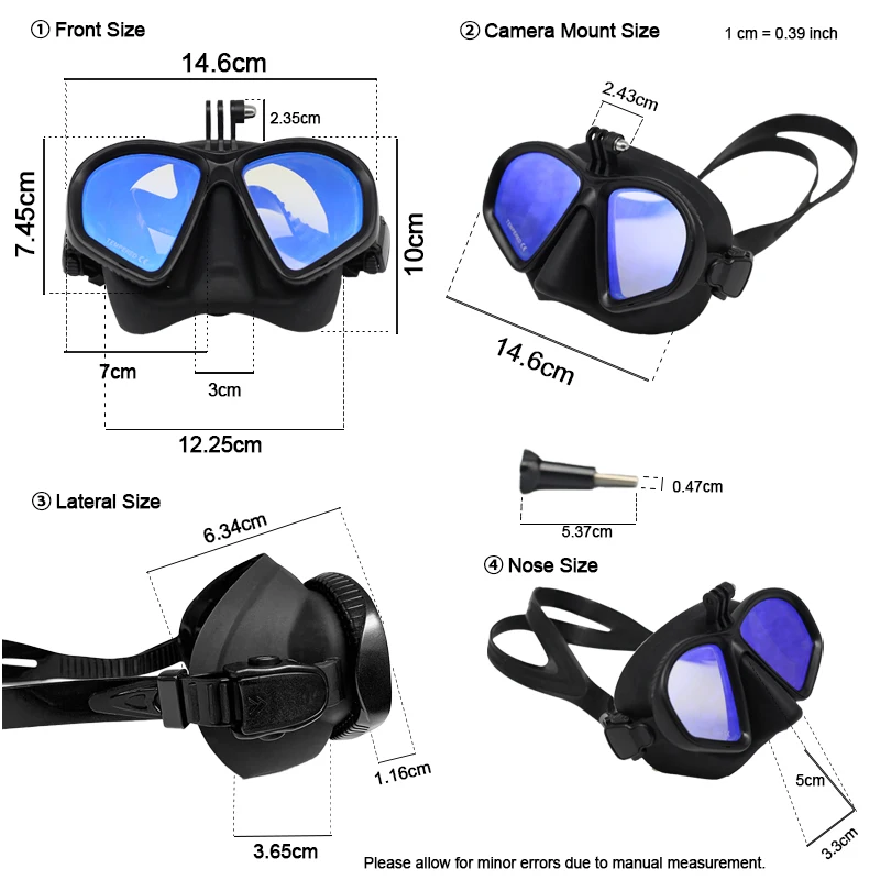 Wet Low Volume Diving Mask Tempered Glass Freedive Mask J-type Diving Mask Snorkel Set with Camera Mount Black