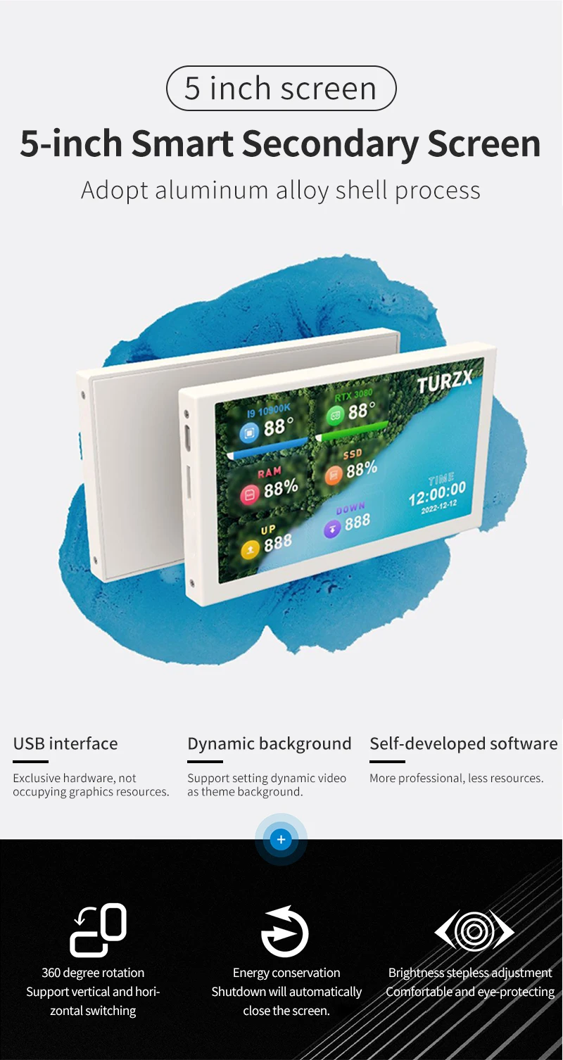 3.5 / 5 Inch IPS Type-C Secondary Screen Mini Computer USB Display CPU GPU RAM HDD Monitor with Holder Metal Case No Use AIDA64