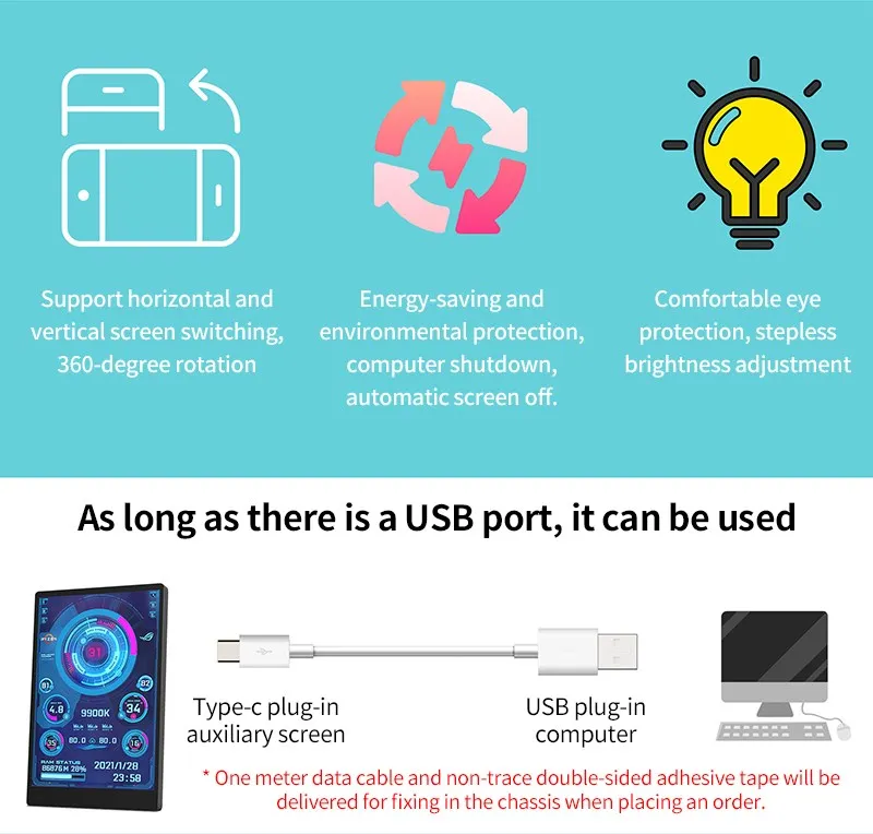 3.5 / 5 Inch IPS Type-C Secondary Screen Mini Computer USB Display CPU GPU RAM HDD Monitor with Holder Metal Case No Use AIDA64