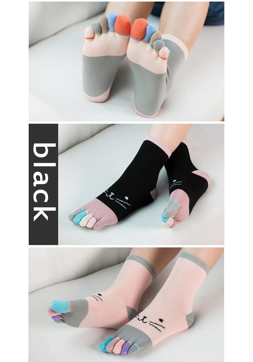 1 Pairs Pure Cotton Women Girl Five Finger Short Socks Colorful Cat Breathable Young Casual Harajuku Socks With Toes Hot Sell