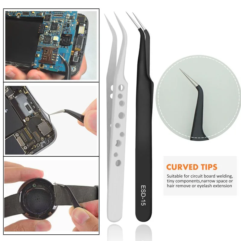 9 Pcs Tweezers Set Stainless Steel Anti-Static Precision Tweezers for Electronic Mobile Phone Repair Tools Hand Tools