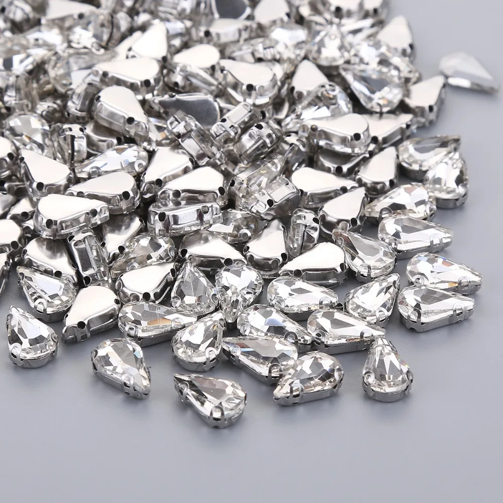 Multi Size Sewing Glass Clear Crystal Silver Claw Base Rhinestone DIY Wedding Gown Dress Headdress Water Drop Beads