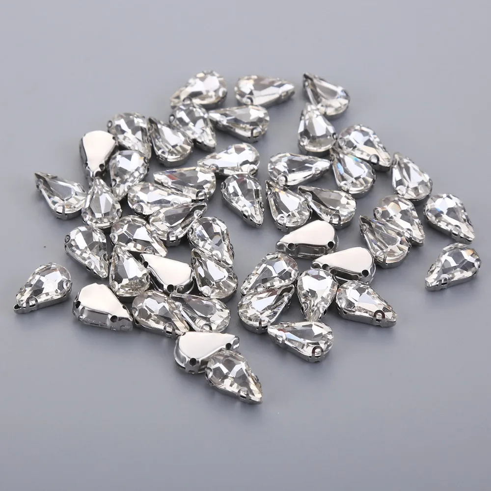 Multi Size Sewing Glass Clear Crystal Silver Claw Base Rhinestone DIY Wedding Gown Dress Headdress Water Drop Beads