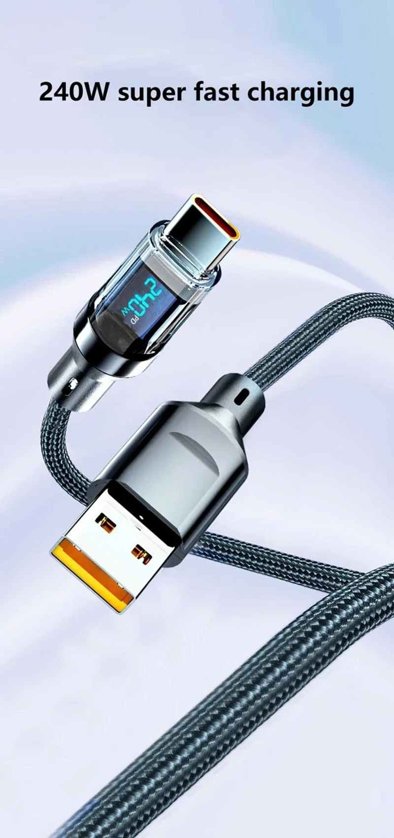 Lenovo Type C To Type C 240W Cable Phone Super Fast Charging Cable With Led Display Usb To Type-c Data Cord For Xiaomi Huawei