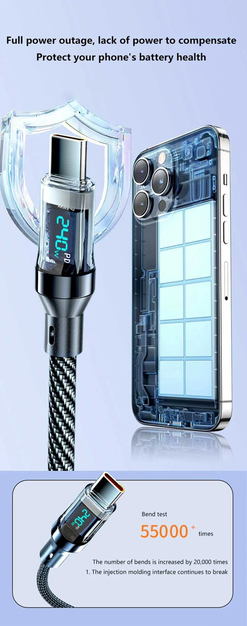 Lenovo Type C To Type C 240W Cable Phone Super Fast Charging Cable With Led Display Usb To Type-c Data Cord For Xiaomi Huawei