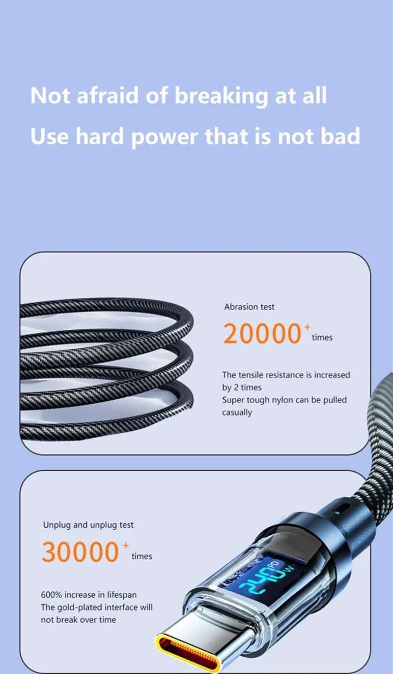 Lenovo Type C To Type C 240W Cable Phone Super Fast Charging Cable With Led Display Usb To Type-c Data Cord For Xiaomi Huawei