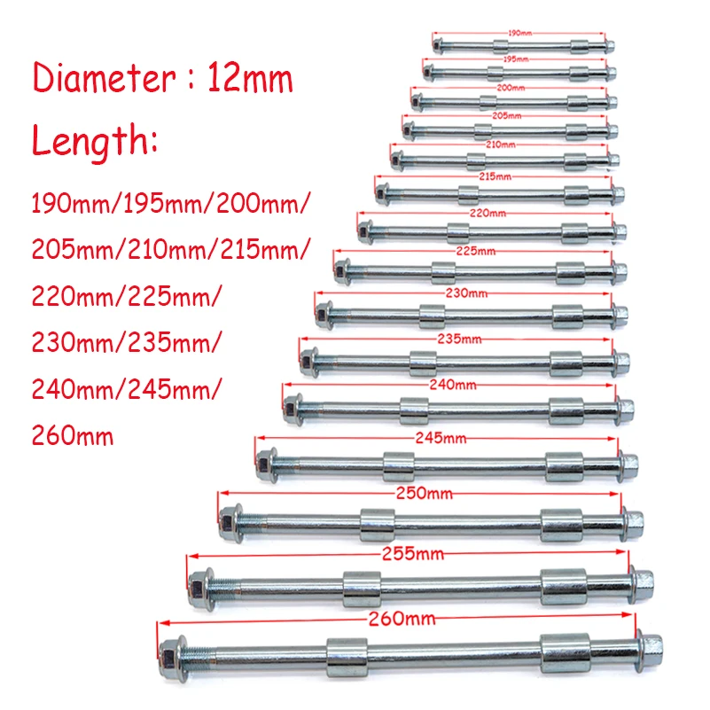 Dirt Pit Bike Wheel Axle M12 190mm-260mm For Drum Brake Wheels Rims Hub 10inch 12" 14 16 17 18 19 inch Bolts