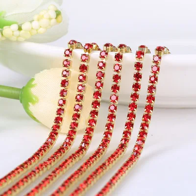 1yard/piece SS6 SS8 SS12 19Colors Glass Crystal Rhinestone Chain,Gold Bottom Sew On Cup Chains For Diy Garment Bags Decorations