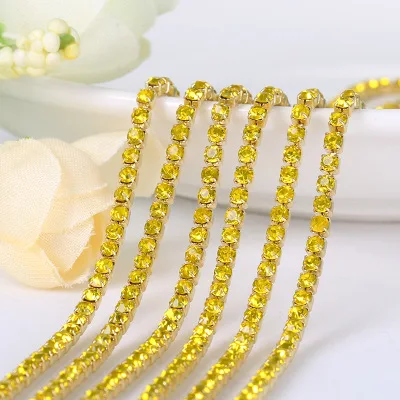 1yard/piece SS6 SS8 SS12 19Colors Glass Crystal Rhinestone Chain,Gold Bottom Sew On Cup Chains For Diy Garment Bags Decorations