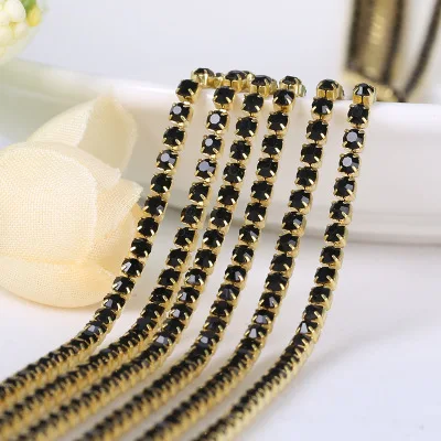 1yard/piece SS6 SS8 SS12 19Colors Glass Crystal Rhinestone Chain,Gold Bottom Sew On Cup Chains For Diy Garment Bags Decorations