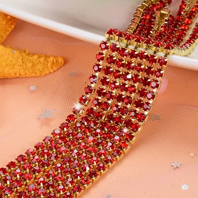1yard/piece SS6 SS8 SS12 19Colors Glass Crystal Rhinestone Chain,Gold Bottom Sew On Cup Chains For Diy Garment Bags Decorations