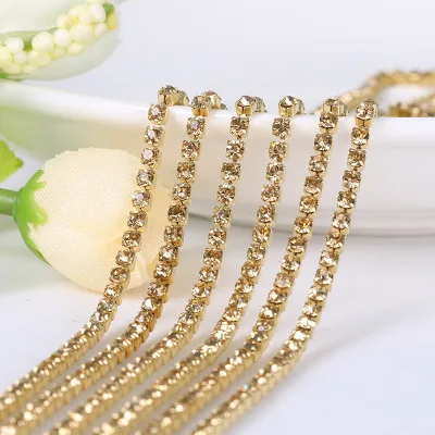 1yard/piece SS6 SS8 SS12 19Colors Glass Crystal Rhinestone Chain,Gold Bottom Sew On Cup Chains For Diy Garment Bags Decorations
