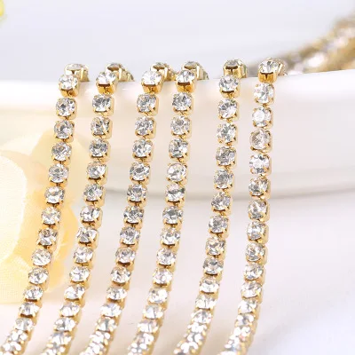 1yard/piece SS6 SS8 SS12 19Colors Glass Crystal Rhinestone Chain,Gold Bottom Sew On Cup Chains For Diy Garment Bags Decorations