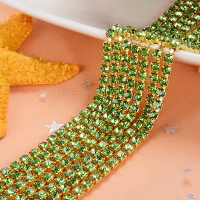 1yard/piece SS6 SS8 SS12 19Colors Glass Crystal Rhinestone Chain,Gold Bottom Sew On Cup Chains For Diy Garment Bags Decorations