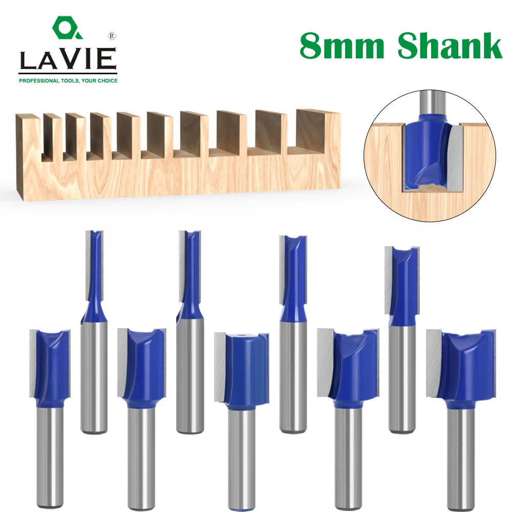 LAVIE 1pc 8mm Shank Straight Bit Double Flute Router Bits Milling Cutter For Wood Woodwork Tool C08-002