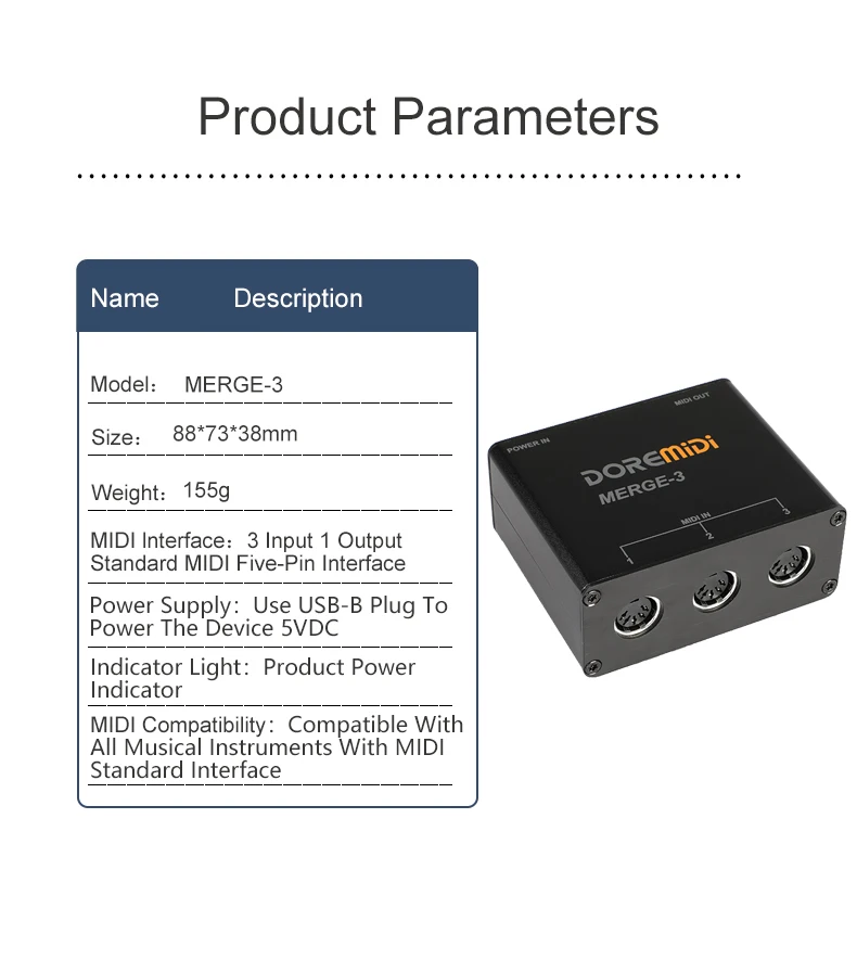 DOREMiDi MIDI Merge-3 MIDI Input 2 MIDI Output Support USB Power MERGE-3