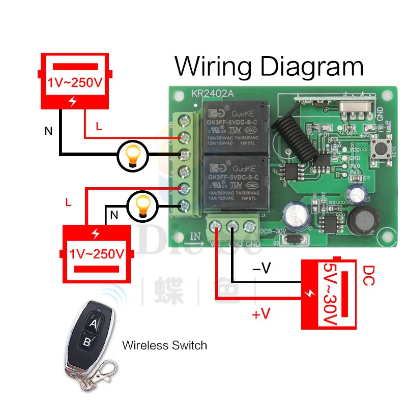 433MHz Universal Wireless Remote Control DC 24V 2CH rf Relay Receiver and Transmitter for Universal Garage door and gate Control