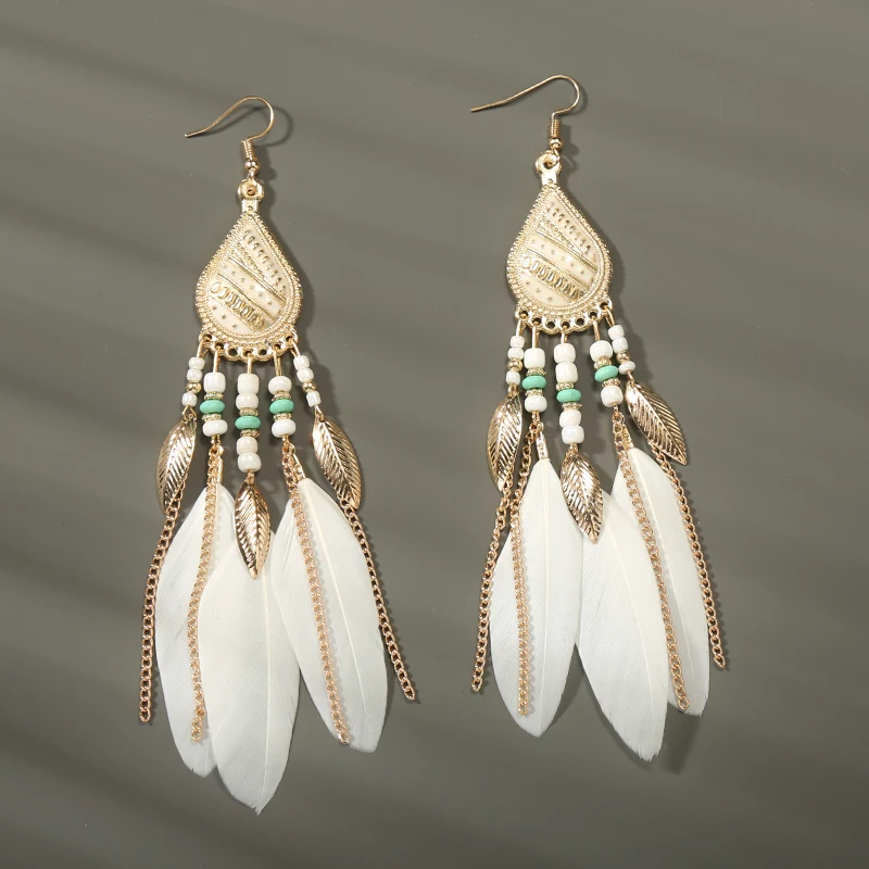 Boho Long Feather Dangle Women's Earrings Beach Long Tassel Beads Handmade Flower Enamel Earrings Bride Wedding Pendientes Mujer