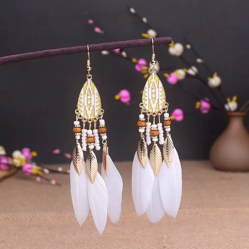 Boho Long Feather Dangle Women's Earrings Beach Long Tassel Beads Handmade Flower Enamel Earrings Bride Wedding Pendientes Mujer