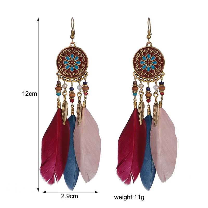Boho Long Feather Dangle Women's Earrings Beach Long Tassel Beads Handmade Flower Enamel Earrings Bride Wedding Pendientes Mujer