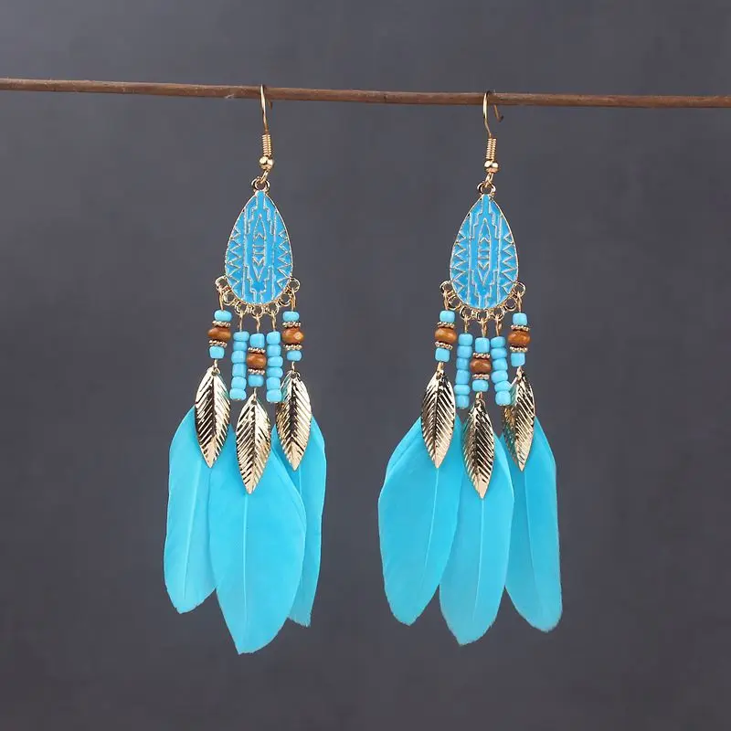 Boho Long Feather Dangle Women's Earrings Beach Long Tassel Beads Handmade Flower Enamel Earrings Bride Wedding Pendientes Mujer