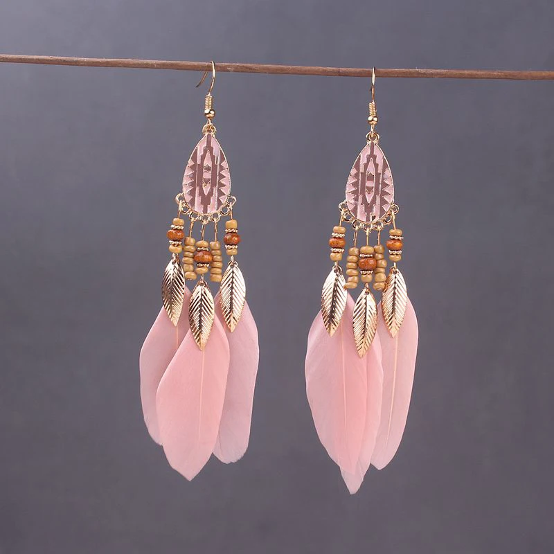 Boho Long Feather Dangle Women's Earrings Beach Long Tassel Beads Handmade Flower Enamel Earrings Bride Wedding Pendientes Mujer