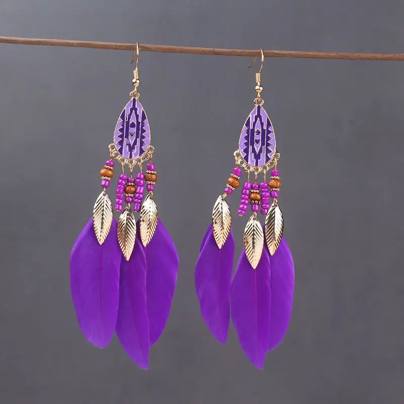 Boho Long Feather Dangle Women's Earrings Beach Long Tassel Beads Handmade Flower Enamel Earrings Bride Wedding Pendientes Mujer