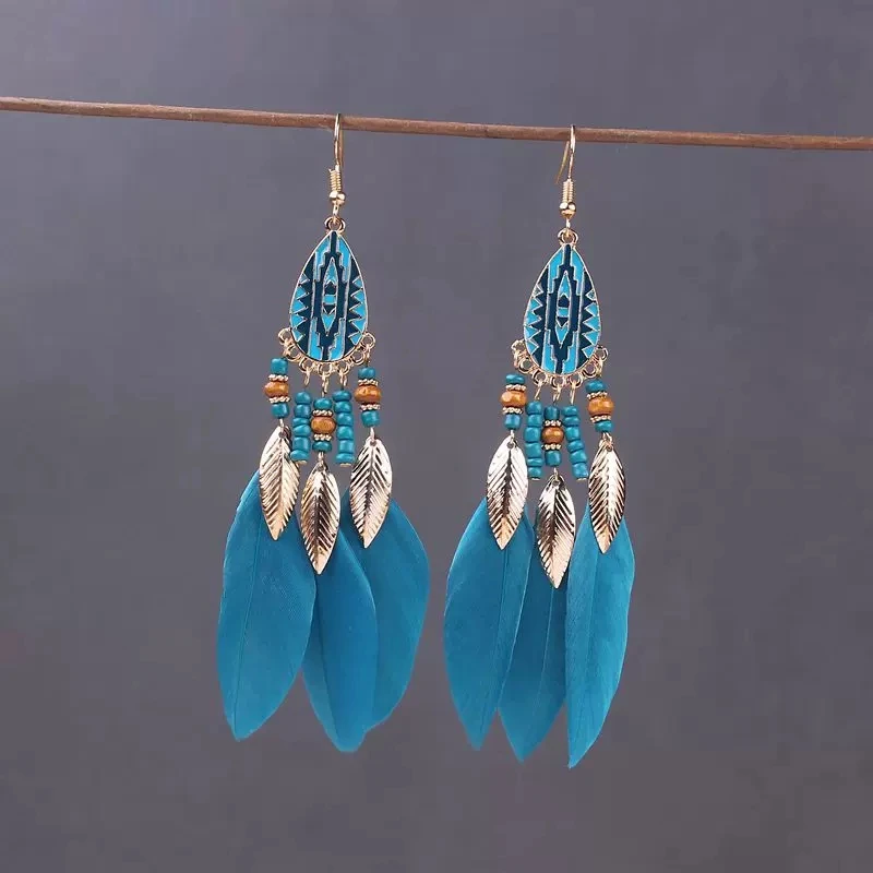 Boho Long Feather Dangle Women's Earrings Beach Long Tassel Beads Handmade Flower Enamel Earrings Bride Wedding Pendientes Mujer