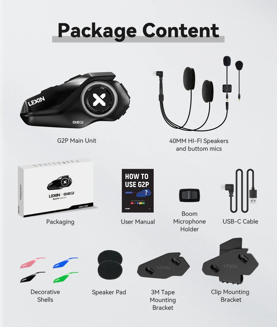 Lexin G2P Motorcycle Intercom Helmet Bluetooth Headsets,Handsfree Communicator Up to 6 Riders Interphone with FM Radio