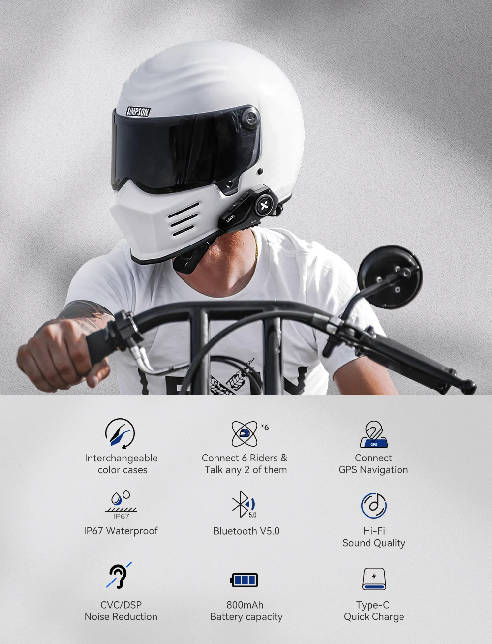 Lexin G2P Motorcycle Intercom Helmet Bluetooth Headsets,Handsfree Communicator Up to 6 Riders Interphone with FM Radio